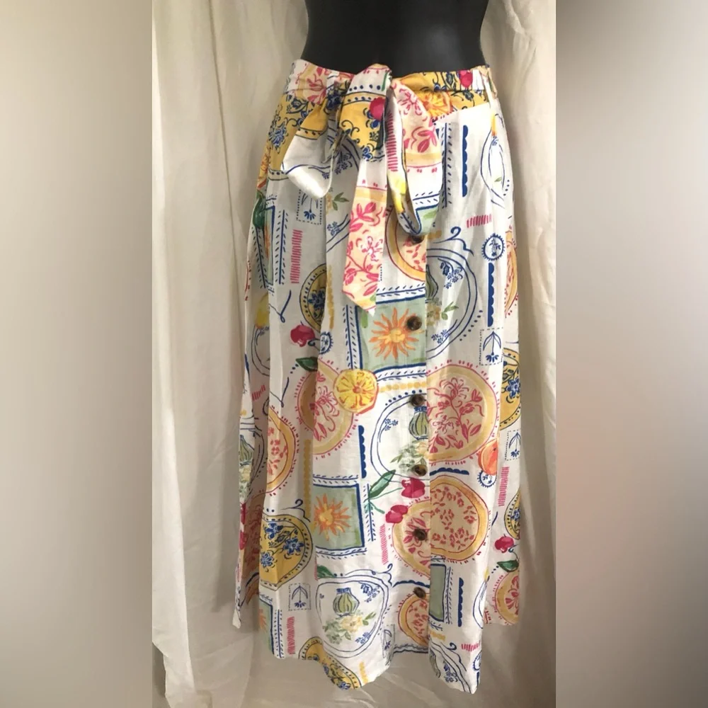 Fruit Celestial multi print boho‎ self tie waist buttoned  skirt size large new